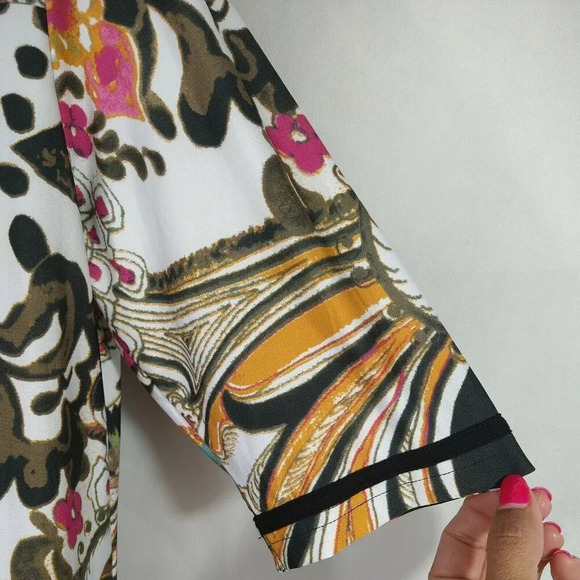 Mishca Asymmetric Tunic Top Women Size L Multicolor Short Sleeve PeekABoo Chest - Picture 5 of 8